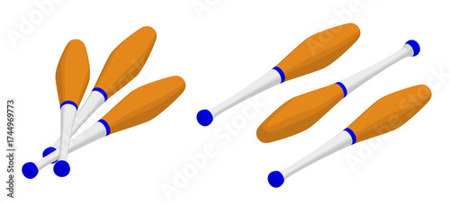 Isometric set of juggler clubs for performing in the circus arena. 3D vector concept isolated on white background