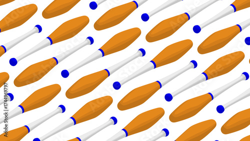 Isometric juggling clubs laid out in neat rows. Backdrop for advertising circus show performance. 3D vector background top view at an angle
