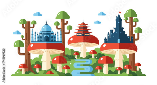 Whimsical fantasy landscape with mushroom houses and iconic architectural structures.