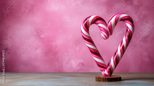 A heart-shaped pink and white swirled candy cane stands on a wooden coaster against a textured pink background