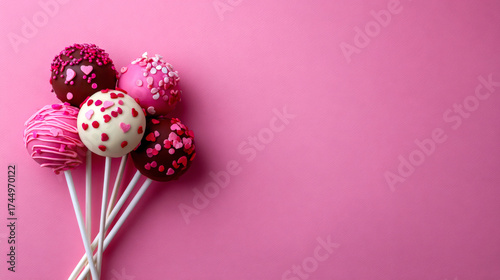 Five colorful cake pops with heart and sprinkle decorations are arranged on a vibrant pink background with ample copy space