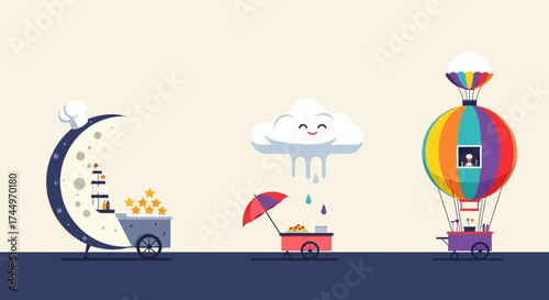 Whimsical food carts with creative designs and colorful elements.