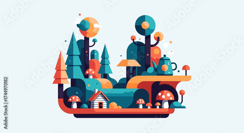 Whimsical Forest Landscape with Tiny Houses and Mushrooms.