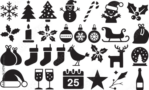 Christmas icons of decoration elements . Christmas silhouettes Vector winter black icons of snowflakes, christmas tree, balls, bottle, vector silhouettes of elf, snowman, deer. Big christmas set