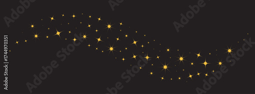 Golden star border. Sparkle stars pattern on black background. Golden celestial star wave. Christmas banner. Vector design for New year holiday cover