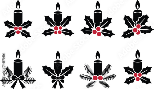 Christmas poinsettia, holly, candle silhouette set. Black glyph flat cartoon design. New year and christmas composition. Berries and candy, flower collection, with stars. Isolated vector illustration