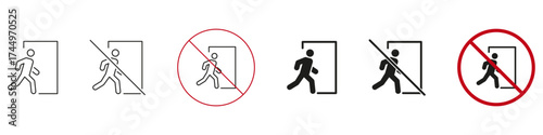 Emergency Exit And No Entry Sign Icon Set. Safety And Access Control Symbol Collection. Includes Walking Figure With Door And Prohibition Signs. Isolated Vector Illustration