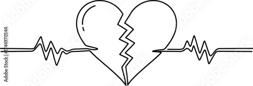 Broken heart heartbeat line art vector drawing illustration sad