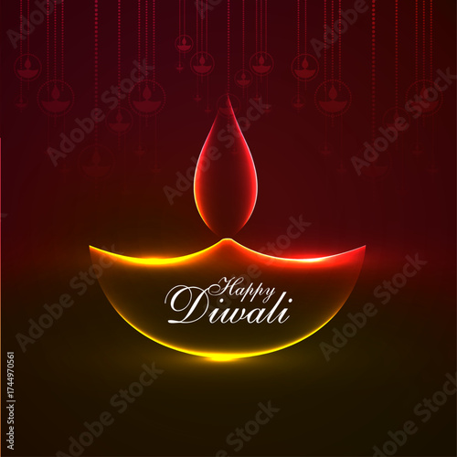 Happy Diwali Festival Greeting Background with Glowing Diya Lamp, Warm Gold and Red Light Illumination, Vibrant Indian Celebration Design for Card, Poster, or Holiday Decor