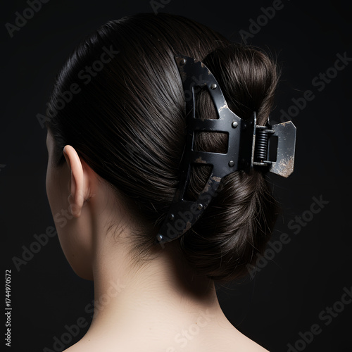 Woman With Dark Hair Bun Secured By Industrial Style Metal Claw Clip