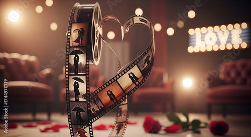 A film reel symbolizing romantic cinema, on aesthetic background