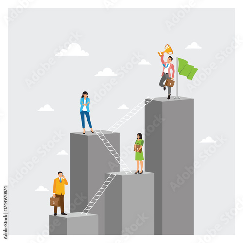 People Employee Climbing Business Ladder to Success as Winners Reach the Top Trophy and Flag.