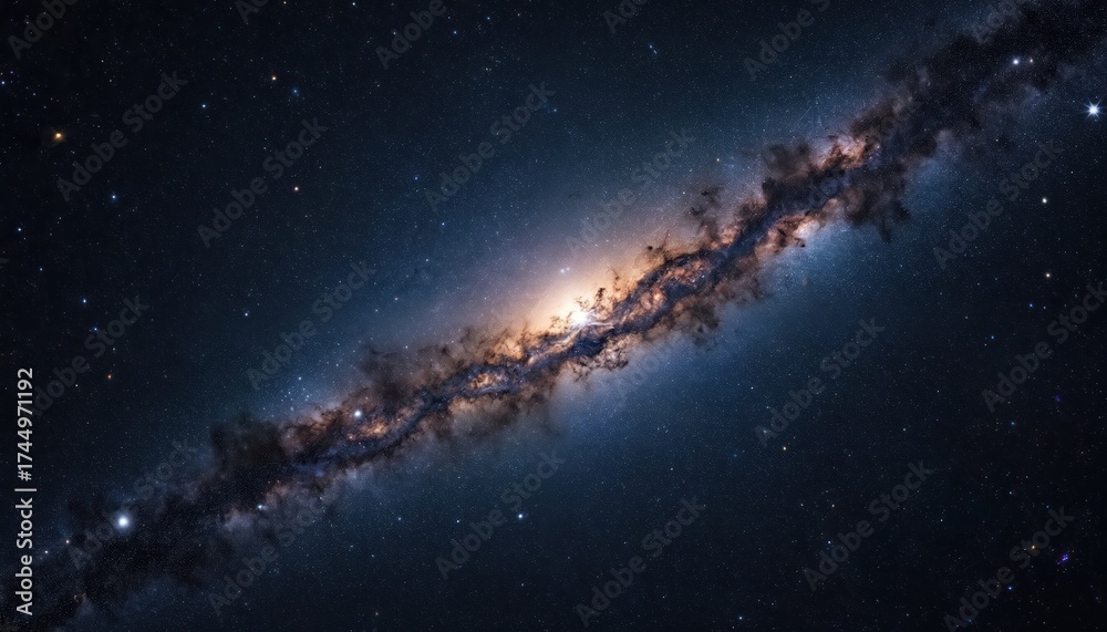 Fototapeta premium Vast starry sky and bright galaxy. Twinkling stars and nebulae create a cosmic wonder. Deep space, with glowing celestial bodies, inspires awe and exploration of the universe.