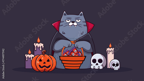 Funny Vampire Cat with Halloween Candy, Pumpkin and Skulls Cartoon Illustration