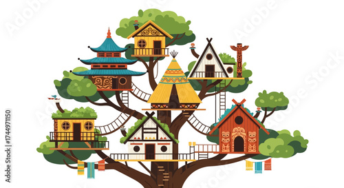 Whimsical Treehouse Village - A Collection of Diverse Architectural Styles.