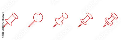 Push Pin and Thumbtack Outline Icon Set. Reminder Note Fastener and Office Bulletin Marker Line Symbol Collection. Editable Stroke. Isolated Vector Illustration