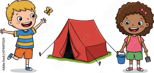 Cartoon children camping, outdoor nature play, kids with tent and butterfly, cheerful activity, exploration scene, childhood fun, vector artwork