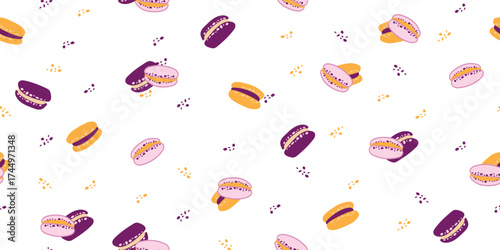 Seamless Valentine’s Day pattern with colorful macarons and sweet pastries on white background, perfect for romantic packaging	
