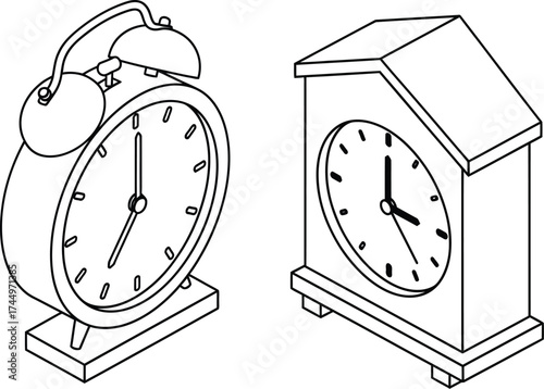 Alarm clocks and mantel clock outline vector illustration design