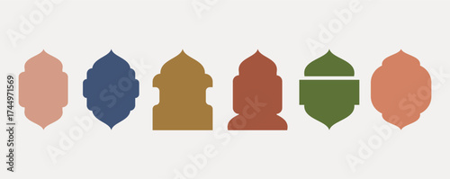 Set badge background Collection of oriental style Islamic windows and arches with modern boho design, mosque dome and colorful lanterns 