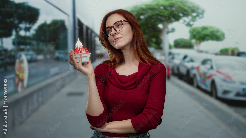 Fototapeta premium Woman in glasses with ice cream stands on city street wearing red sweater reflecting urban outdoor scene