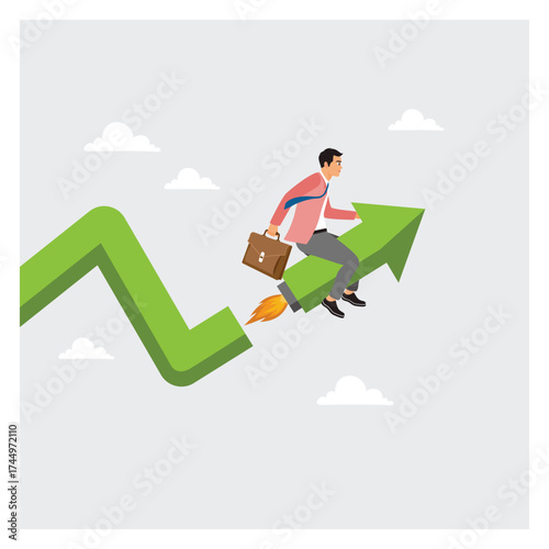 Businessman Riding Rising Up Green Arrow with Rocket Booster for Growth, Progress, and Upward.