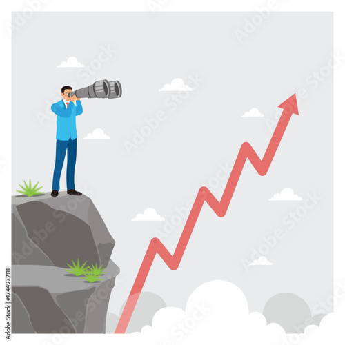 Business Leader on a Cliff Observing Strong Growth Trend and a Rising Arrow with Binoculars.
