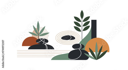 Zen Garden Still Life with Rocks and Plants Illustration.