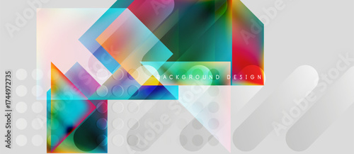 Abstract geometric shapes, vibrant colors, translucent layers create modern background. Circles, squares, rectangles overlap. Minimalist design.