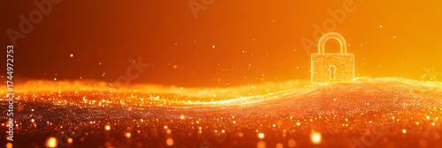 vast sea of shimmering digital data points - a radiant padlock stands as a beacon of cybersecurity and protection wide banner - orange background