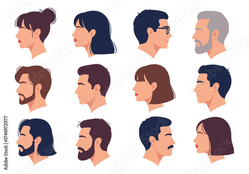 A collection of diverse pixelated portraits of men and women in profile.