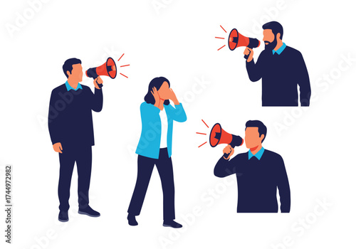 People shouting through megaphones to communicate with each other.