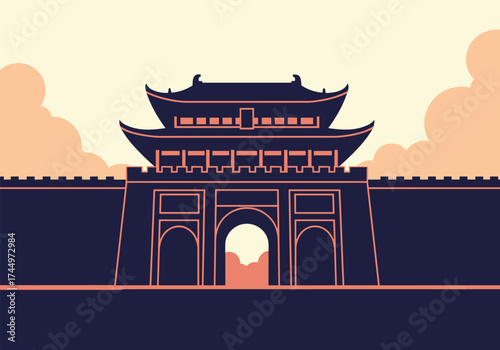 An ancient Chinese gate structure stands imposing against a pale sky with clouds.