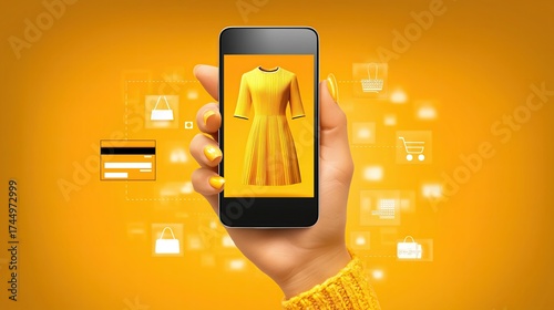 A hand holds a smartphone with a yellow dress displayed on the screen, symbolizing online shopping and e-commerce against a vibrant yellow background with floating icons.