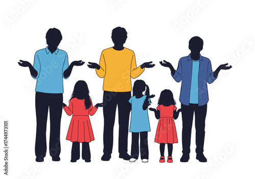 Depicting a family unit with two parents and three children is often seen as the societal norm.