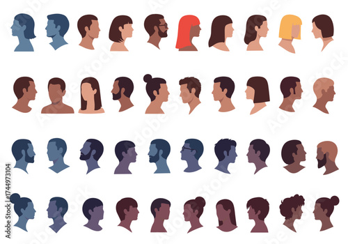 A diverse collection of pixelated human head profiles in silhouette.