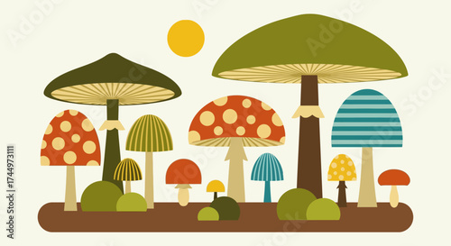 A collection of stylized mushrooms in various shapes and colors.