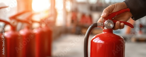 The fire extinguisher held by worker in industrial warehouse ensuring emergency safety preparedness