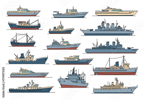 Collection of various types of marine vessels for water transport and naval operations.