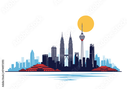 Modern skyline featuring prominent city buildings under a bright sun.