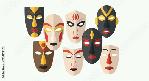 A diverse collection of stylized tribal masks.