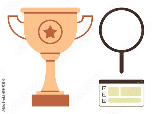 Golden trophy, magnifying glass, and checklist window emphasizing success, analysis, and task achievement. Ideal for business, competition, goal-setting, productivity teamwork education