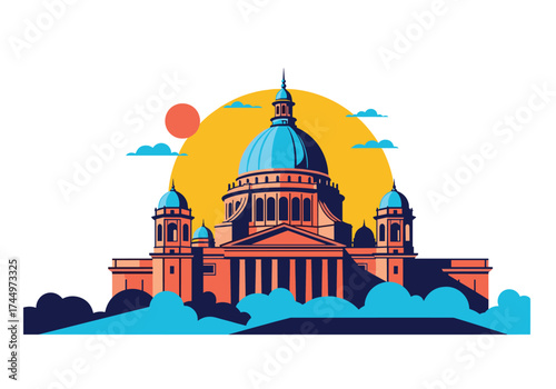 Majestic domed building stands against a vibrant sunset sky with clouds.