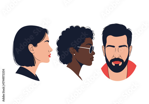 Diverse group of three people faces in profile view.