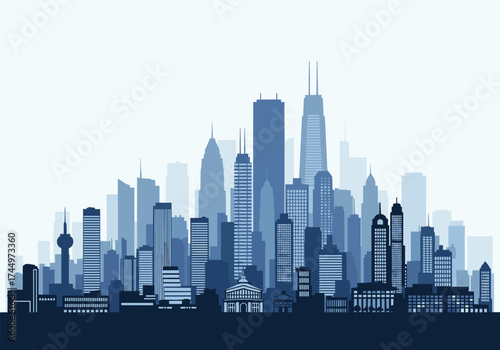 A modern city skyline silhouette with tall buildings and skyscrapers in shades of blue.