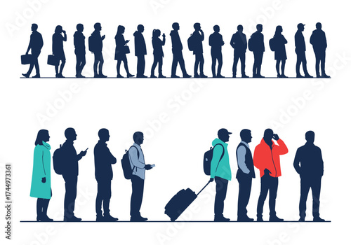 A diverse group of people standing in line waiting patiently for their turn in two separate queues.