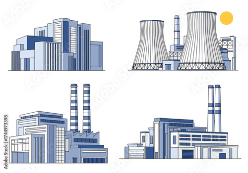 Modern industrial factory buildings with tall chimneys and cooling towers under a bright sun.