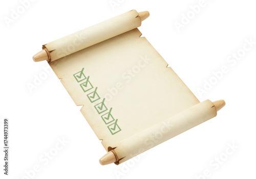 Old paper scroll with green check marks isolated, ancient parchment for checklist and to-do list design element