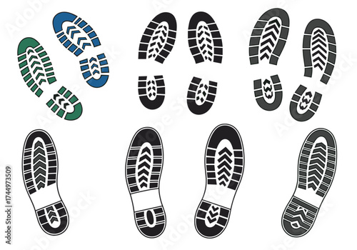 A collection of diverse boot and shoe footprints in various colors and tread patterns.