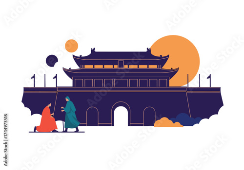 Two figures in traditional Chinese attire interact before a grand ancient gate.